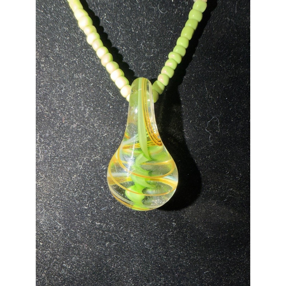 VTG Blown Art Glass Pendant Necklace Lime Green Beaded Boho Swirl 1.5"